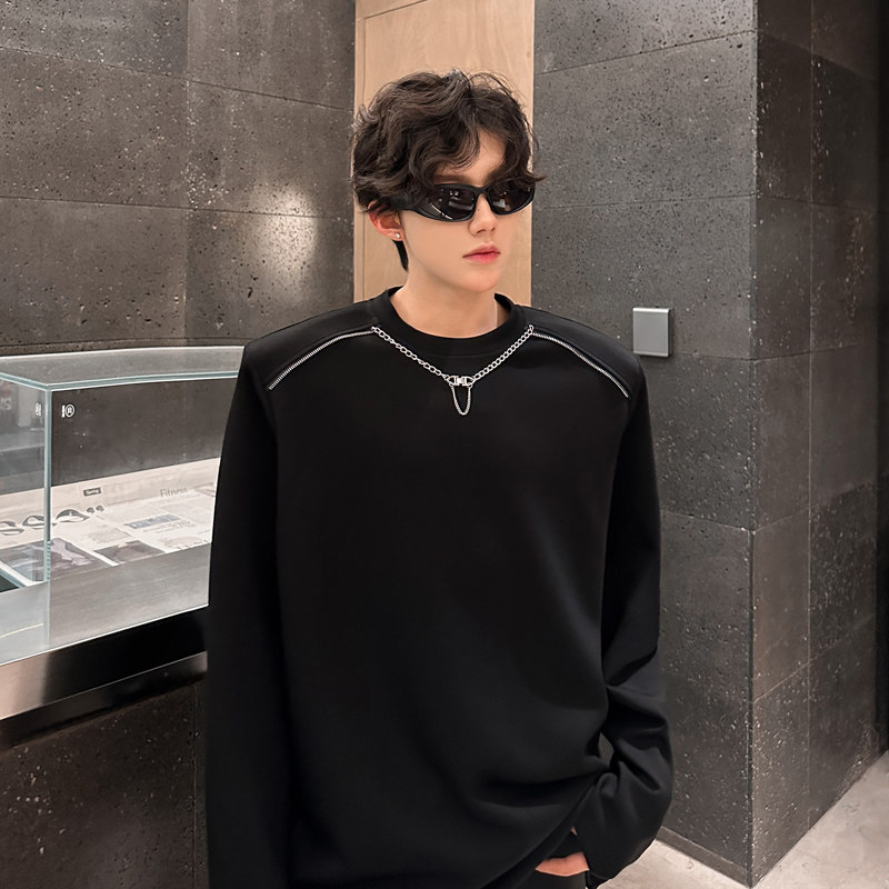 秋季小众金属项链装饰重磅垫肩设计感长袖T恤男韩版痞帅打底卫衣,男装,卫衣,淘宝优惠券,粉丝福利购,淘宝优惠卷