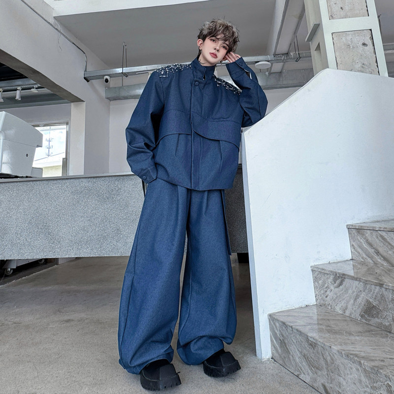 秋装韩国小众垫肩别针装饰立领牛仔夹克套装男高级感痞帅阔腿长裤