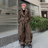 男复古痞帅弯刀阔腿裤 棕色交叉织带设计翻领夹克套装 美式 2026春款