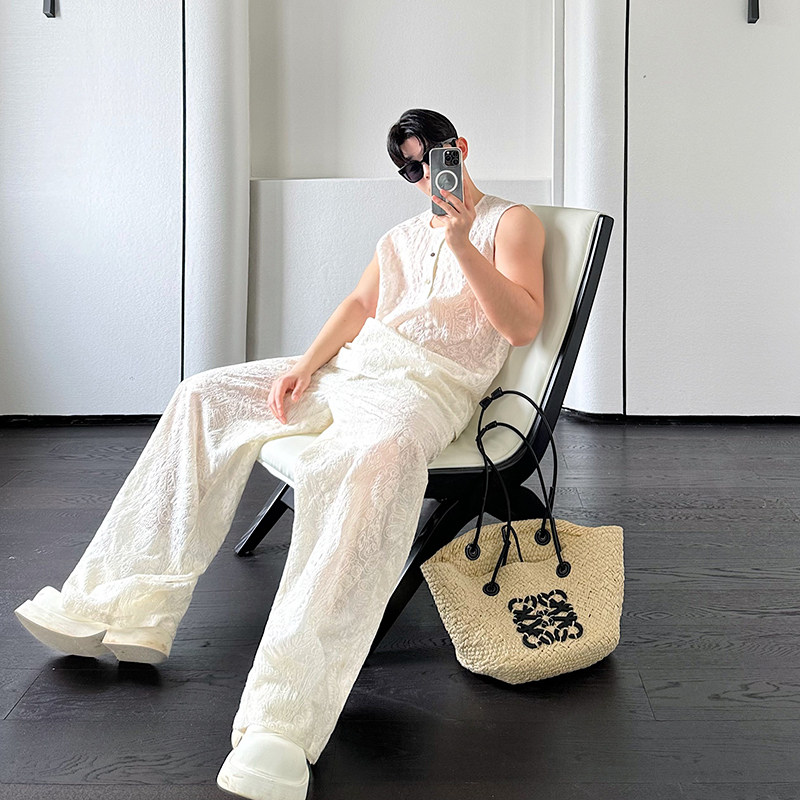 24SS 여름 코튼 자수 혼합 마이크로 투명 조끼 조끼 탑 세트 얇은 중공 와이드 레그 팬츠 투피스 세트