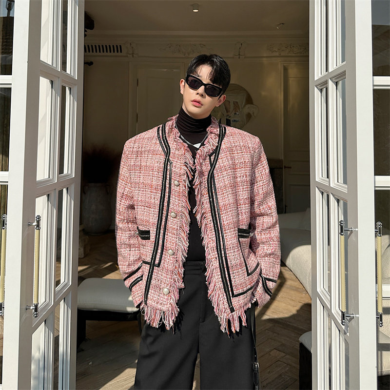 秋冬时尚毛边无领小香风外套男女气质韩版粗花呢织带拼接夹克粉色,男装,夹克,淘宝优惠券,粉丝福利购,淘宝优惠卷