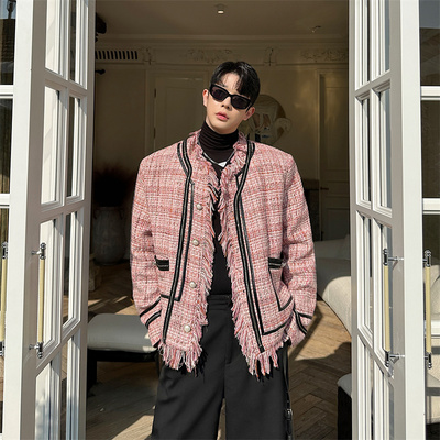 秋冬时尚毛边无领小香风外套男女气质韩版粗花呢织带拼接夹克粉色