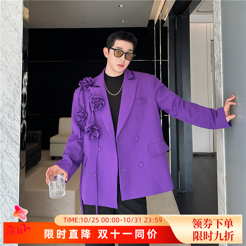春季美式复古立体玫瑰紫色西装外套男可拆卸花朵高级感垫肩西服潮