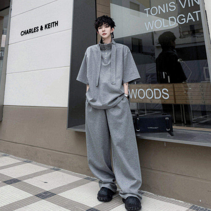 2026夏装纯色立领纽扣织带短袖T恤卫衣套装男美式休闲长裤两件套