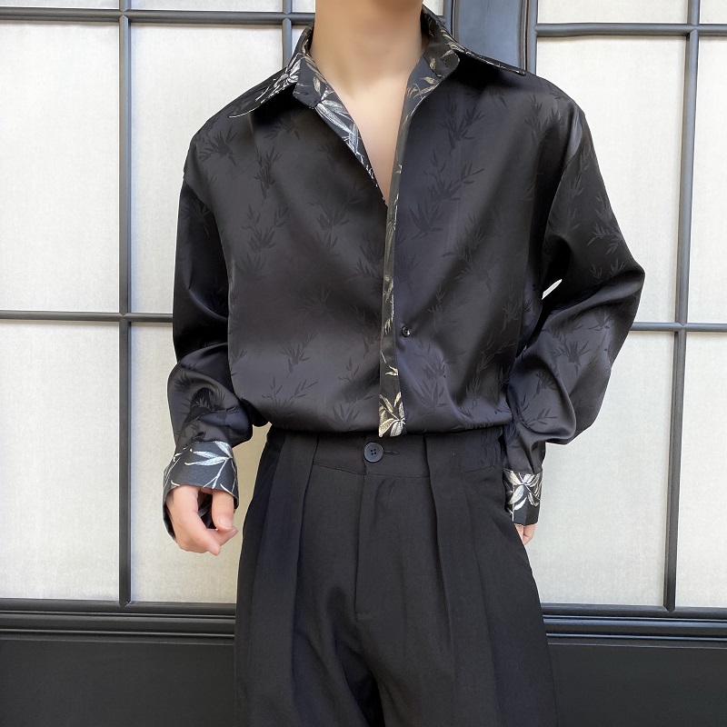 新中式缎面竹叶提花拼接痞帅衬衣男长袖复古设计感垂感国风衬衫潮