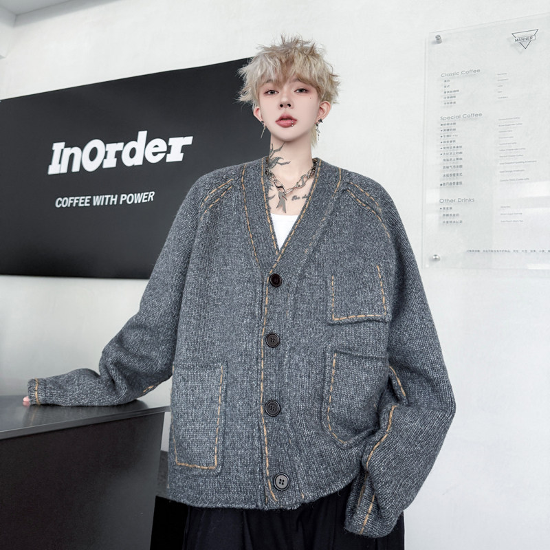 2025冬季老钱风复古V领针织开衫外套男多袋异色明线加厚毛衣宽松