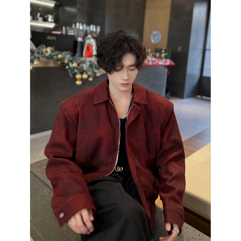 2025春装小众深红色复古做旧时尚夹克短男雅痞高级感cleanfit垫肩