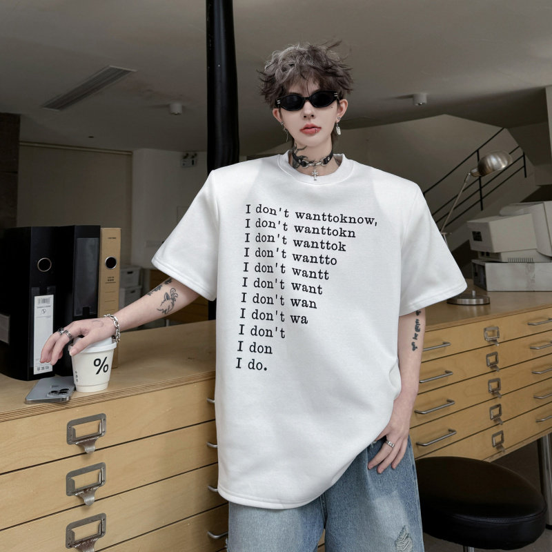 2026夏装网红小众英文字母印花垫肩短袖T恤男宽松重磅上衣休闲t恤