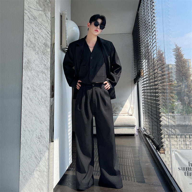 黑色西装马甲拖地西装裤男套装气质高级感垂感痞帅阔腿裤三件套装