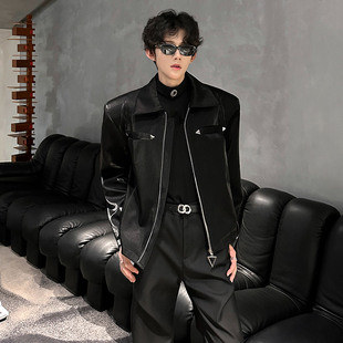 秋季高级金属亮面感短款拉链夹克男外套垫肩潮流痞帅男模穿搭上衣