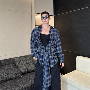 春秋小众设计师复古格子长袖衬衫男可拆卸飘带设计感网红韩系衬衣