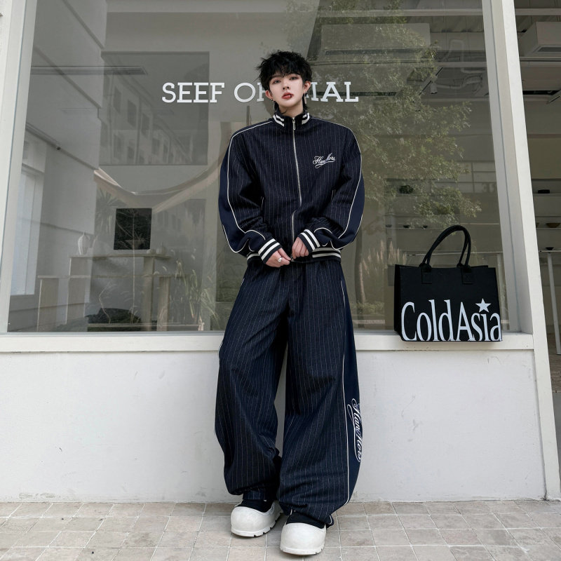秋装美式运动风条纹刺绣立领夹克套装男复古字母长裤设计感两件套