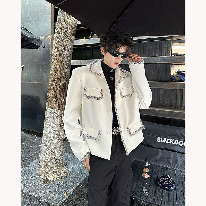 韩版时尚花边设计垫肩cleanfit小香风毛呢西服短款外套休闲高级感