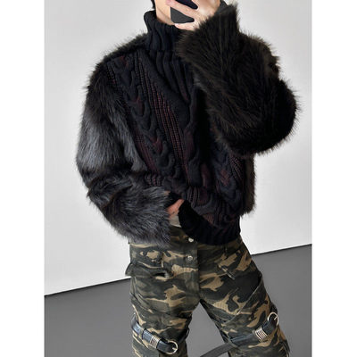 秋冬设计感皮草拼接扭花高领毛衣男加厚保暖老钱风针织衫高级外套