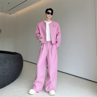 秋冬装韩国ins呢料短款小香风外套男金属配饰西服阔腿长裤一套装