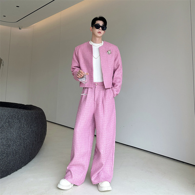 秋冬装韩国ins呢料短款小香风外套男金属配饰西服阔腿长裤一套装