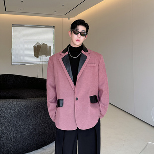 高级感西服潮 外套男复古时尚 韩国ins网红走秀款 撞色拼皮设计西装