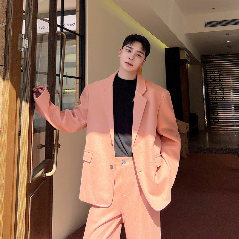 韩版小众时髦裸粉色毛呢西装外套男女气质高级感时尚网红宽松西服