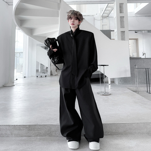 男垂感阔腿拖地长裤 2025秋季 套装 暗黑禁欲系立领领结长袖 一套 衬衫