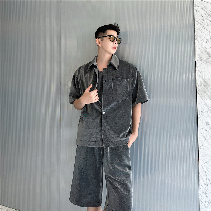 夏装时髦亮丝高级感雅痞短袖衬衣背心三件套男设计感五分短裤套装