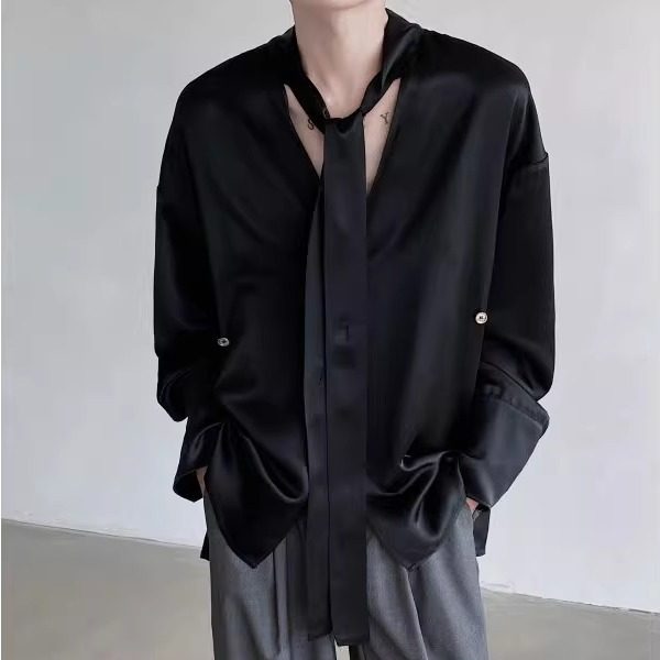 夏季醋酸质感光泽领带丝滑v领衬衫男长袖高级雅痞坠垂感小众衬衣