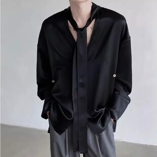 夏季醋酸质感光泽领带丝滑v领衬衫男长袖高级雅痞坠垂感小众衬衣