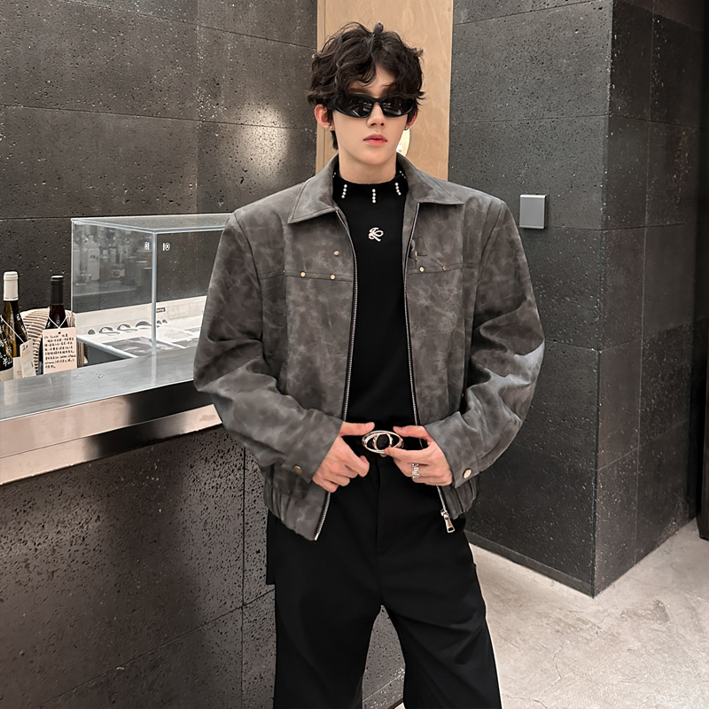 秋季复古PU皮解构短款垫肩夹克外套男高级感雅痞皮衣飞行员上衣潮