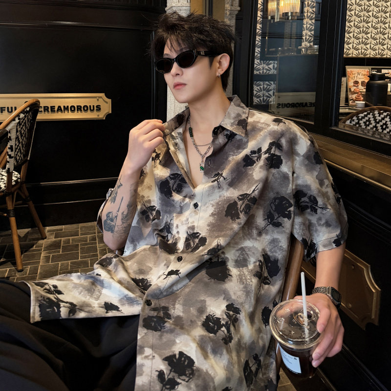 夏季美式复古水墨碎花短袖衬衫男设计感痞帅坠垂老钱高级感衬衣潮