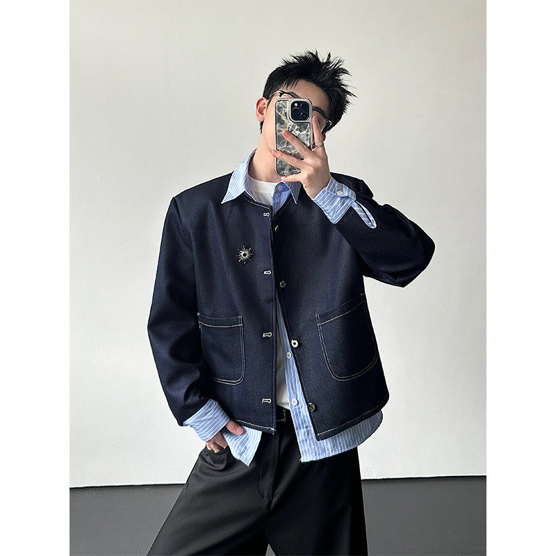 春装轻奢假两件设计衬衫领高级感垫肩外套男cleanfit夹克短款痞帅