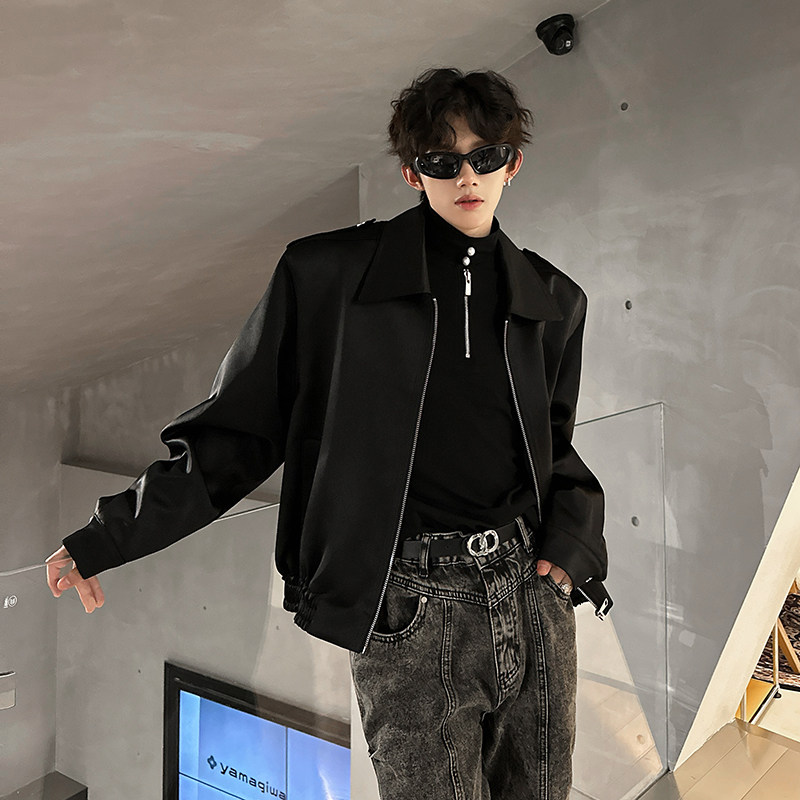 秋季极简绸缎皮衣痞帅老钱风外套高级感痞帅机车飞行员垫肩短夹克