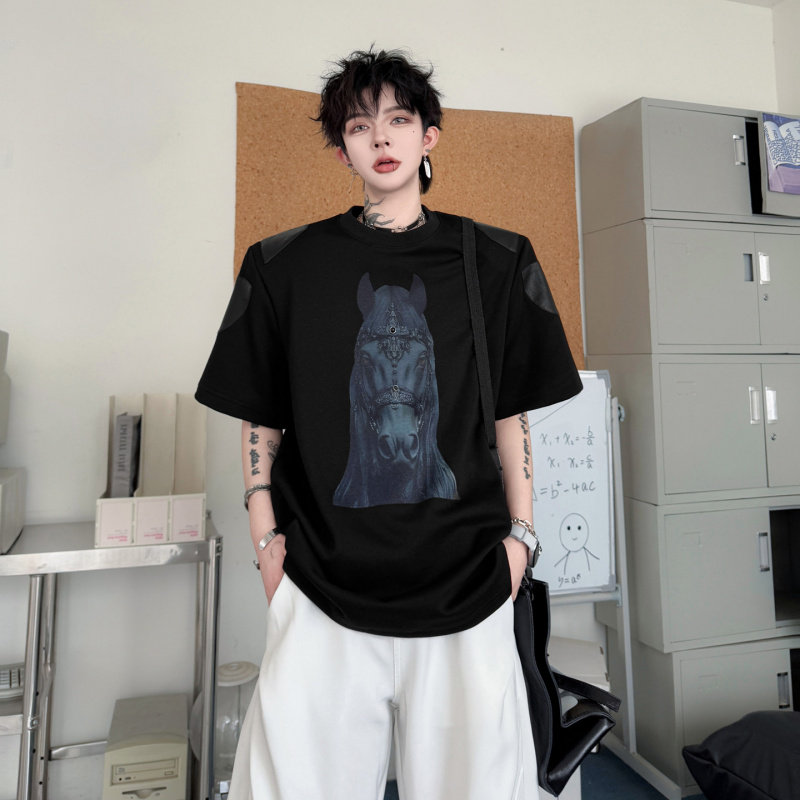 夏装美式高街马头图案贴布钉珠装饰设计感短袖T恤男垫肩痞帅上衣