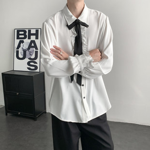 春装白色新中式荷叶边法式简约衬衫设计感男女宫廷风领带衬衣打底