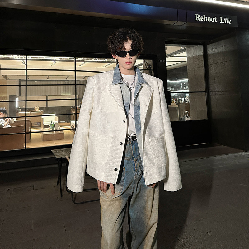 秋装韩国网红牛仔拼接假两件垫肩夹克男痞帅高级感毛呢小香风外套