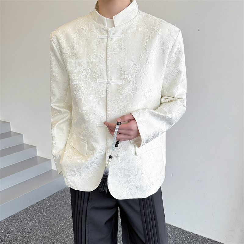 春季新中式提花暗纹珍珠盘扣新中式西服外套男设计感立领休闲西装