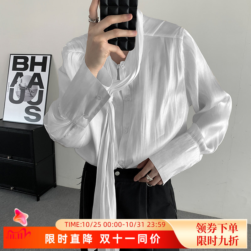 小众飘逸中性风白色欧根纱衬衫长袖设计感薄款垫肩坠垂感防晒衬衣