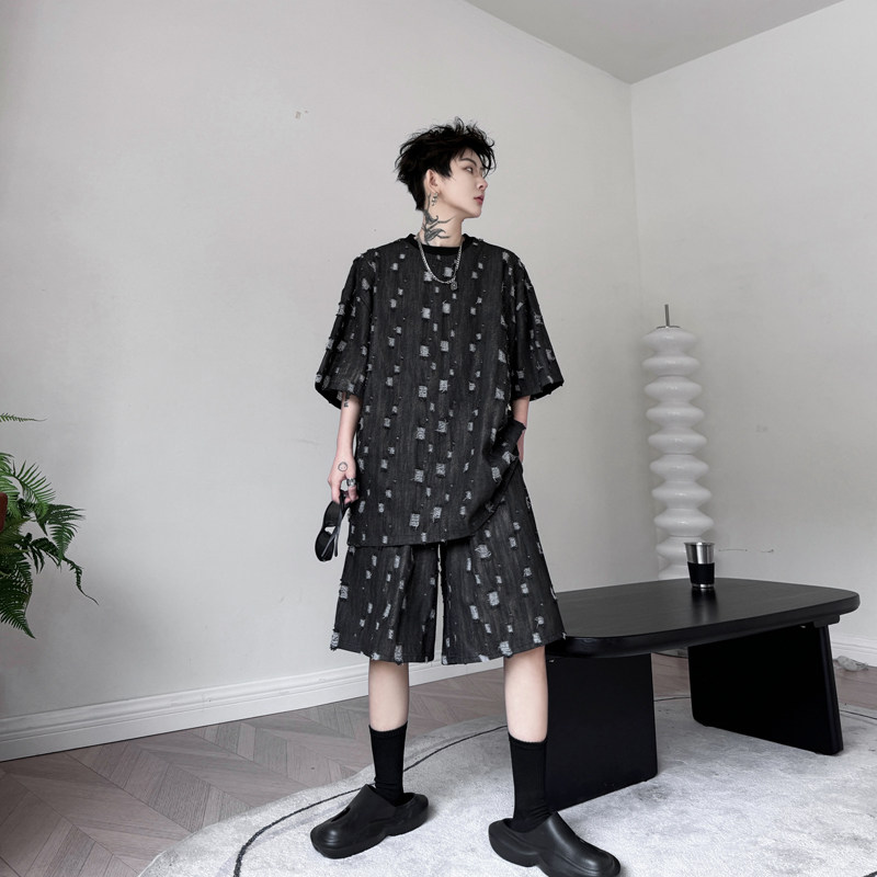 여름 한복 트렌디 브랜드 착용 데님 반팔 티셔츠 남성 정장 디자인 잘 생긴 스트레이트 반바지 투피스 세트