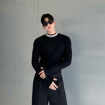 秋季小众亮闪钉钻装饰设计打底衫男韩版小立领隐拉百搭长袖T恤潮