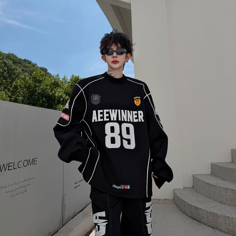 复古运动系列拼接印花小高领卫衣男女款oversize棒球赛车服两件套