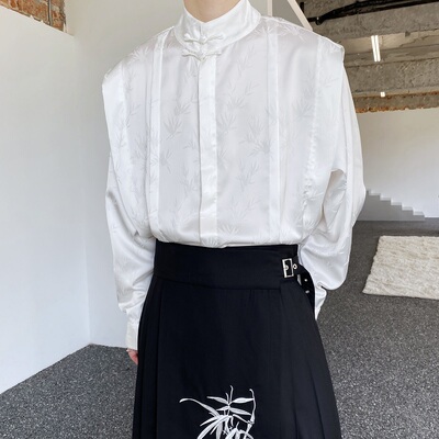 新中式缎面提花立领盘扣衬衫男女