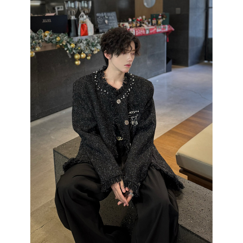 春装韩国复古毛边编织小香风外套男网红气质垫肩针织cleanfit夹克