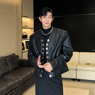 秋冬高级感小香风PU皮银扣V领开衫皮衣男外套痞帅短款夹克韩版潮