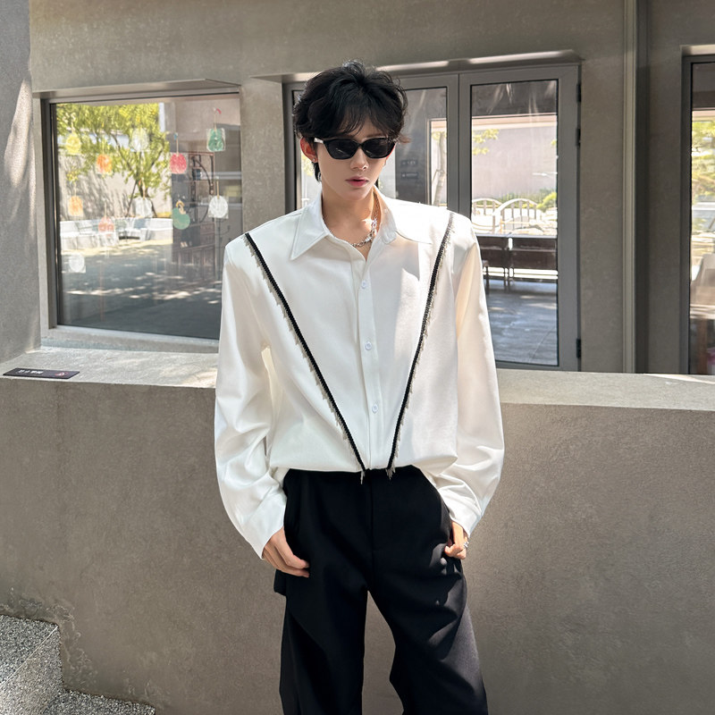 秋装白色cleanfit流苏设计感长袖衬衫男韩系穿搭上衣休闲垫肩衬衣