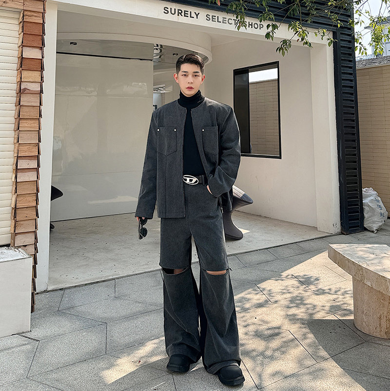 2024 봄 워싱 레트로 데님 코듀로이 스플라이스 칼라리스 재킷 정장 남성 지퍼 와이드 팬츠 투피스 세트