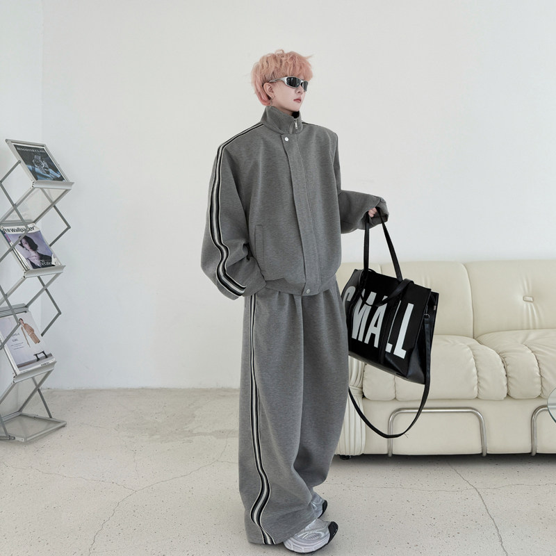 春装美式立领织带装饰开衫卫衣套装男垫肩设计感休闲长裤两件套潮