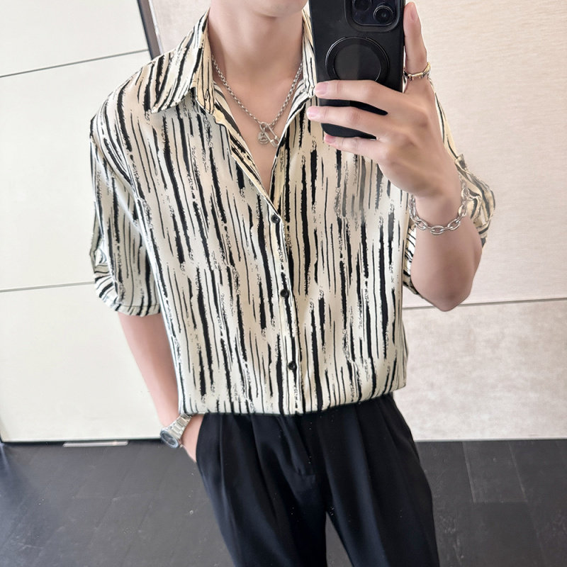 黑白扎染条纹短袖衬衫男夏季痞帅高级感垂感宽松薄款冰丝半袖衬衣