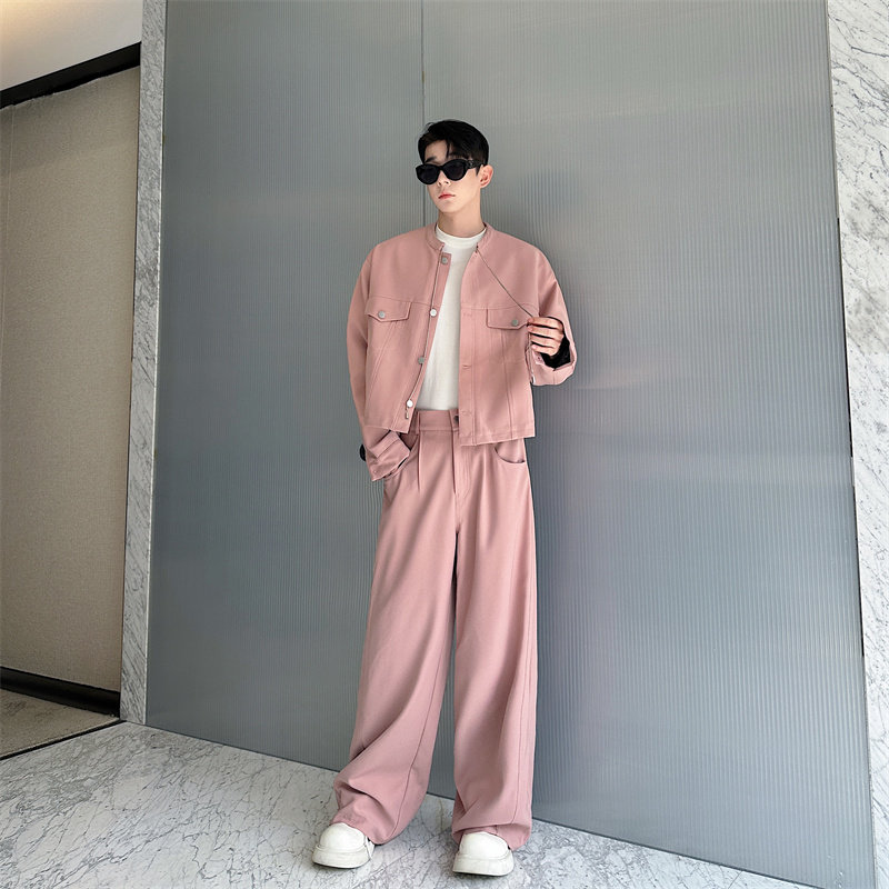 秋装韩国时尚设计师立领金属吊绳装饰短款西装套装阔腿长裤两件套