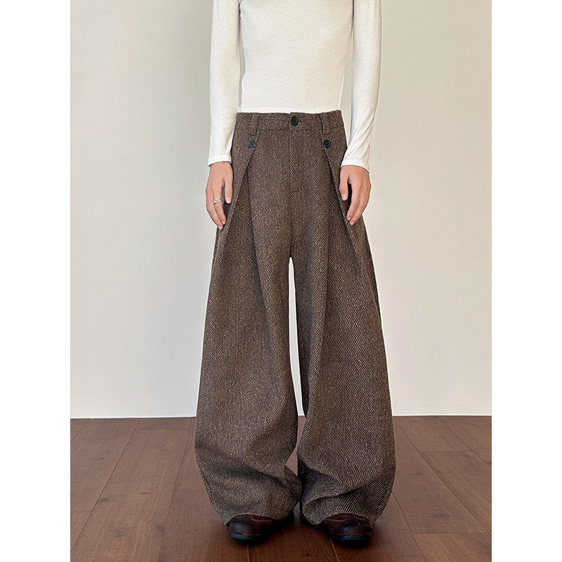 老钱风A字褶皱毛呢西裤男秋冬美式复古设计感微喇弯刀裤阔腿长裤