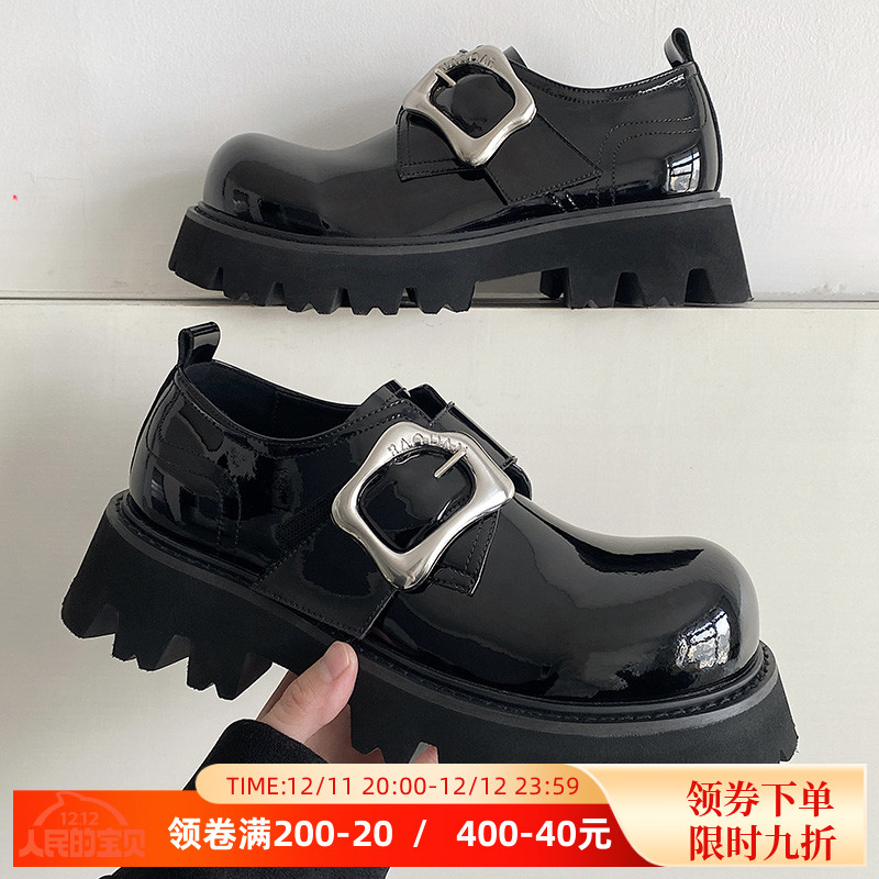 高级感英伦魔术贴扣黑色漆皮休闲皮鞋男厚底百搭德比鞋大头皮鞋