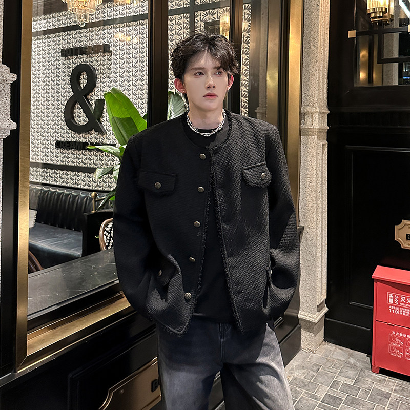 秋冬款高级感轻奢呢料无领垫肩夹克男痞帅毛边流苏设计小香风外套