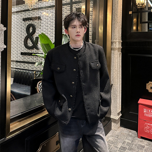 秋冬款高级感轻奢呢料无领垫肩夹克男痞帅毛边流苏设计小香风外套